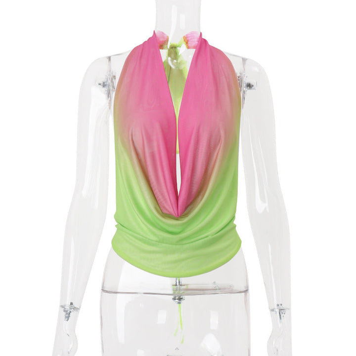 Women Clothing Summer Sexy Halter Swing Collar Gradient Multicolor Vest Mini Hip Bag Skirt Two Piece Sets