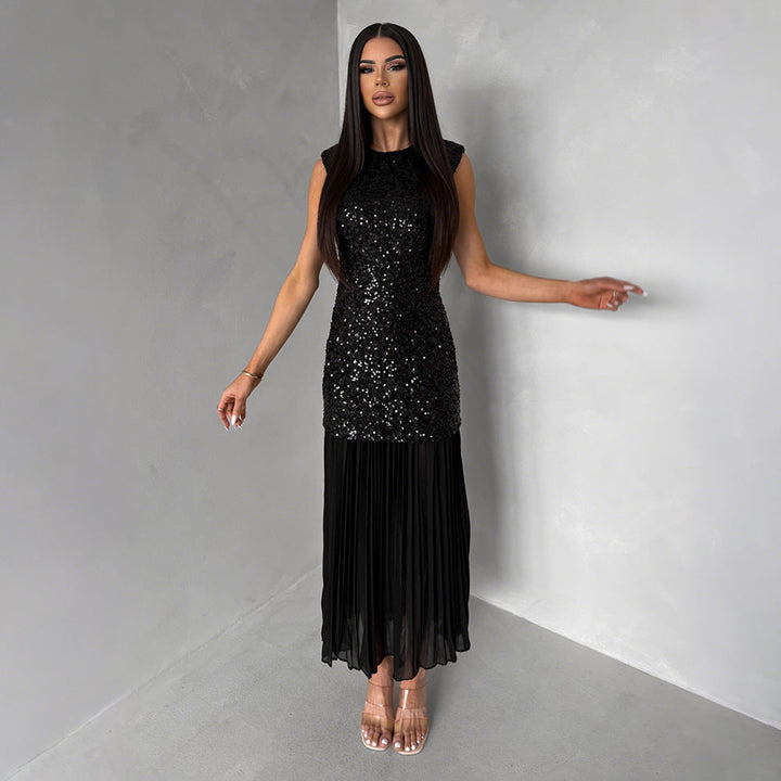 Sexy Sleeveless round Neck Velvet Sequin Chiffon Patchwork Dress Maxi Dress Party Dress