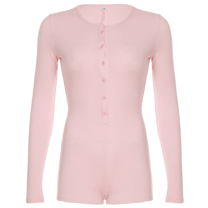 Solid Color Jumpsuit Autumn Slimming Breasted Bottoming Sexy Long Sleeve Romper