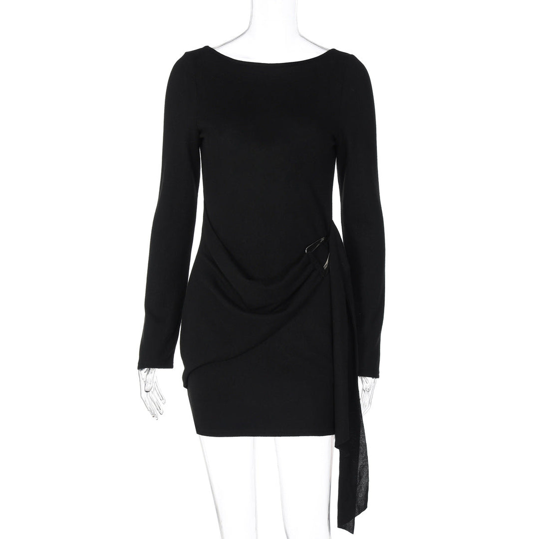 Women Clothing Autumn Solid Color Elegant Sexy Backless Long Sleeve Ribbon Dress Women