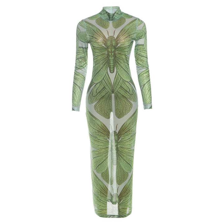 Summer Women High Collar Slim Sheath Long Printing Dress