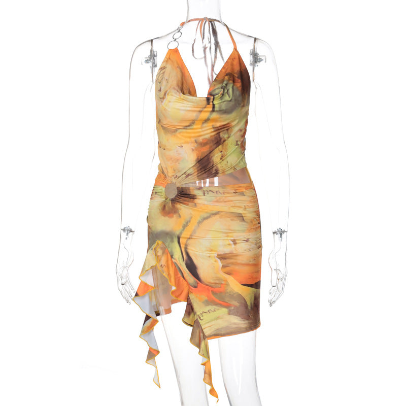 Women Clothing Summer Printing Sexy Backless Lace up Dress