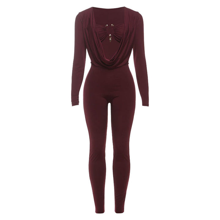 Summer Women Sexy Bandeau Swing Collar Tight Waist Sheath Solid Color Jumpsuit