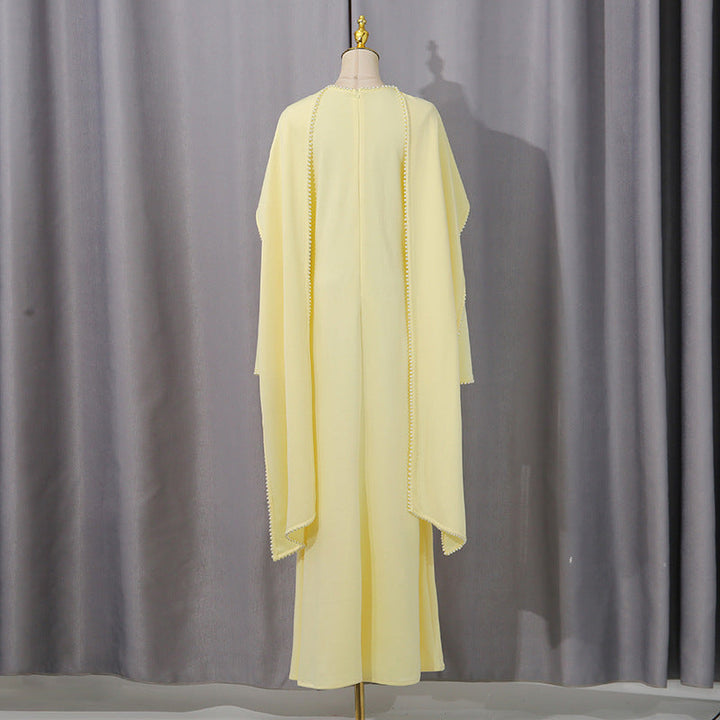 Elegant Solid Color Retro Heavy Industry Beautiful Pearl Shawl High Waist Dress Women