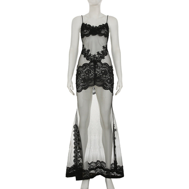 Summer Women Mesh Lace Lace Spaghetti Strap Dress See through Sexy Nightdress Vacation Maxi Dress
