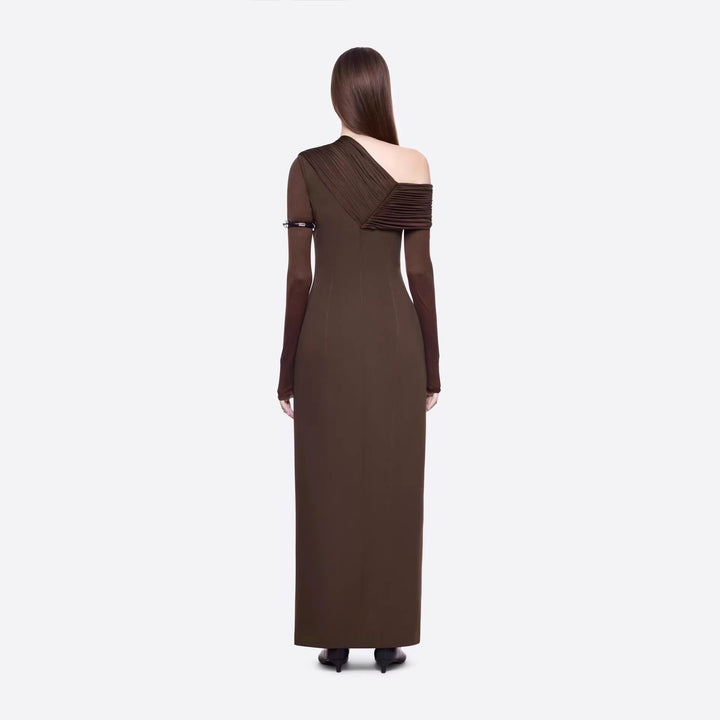 Spring Dark Brown One Shoulder Dress Pleated High Slit Maxi Dress the Dinner Party Host