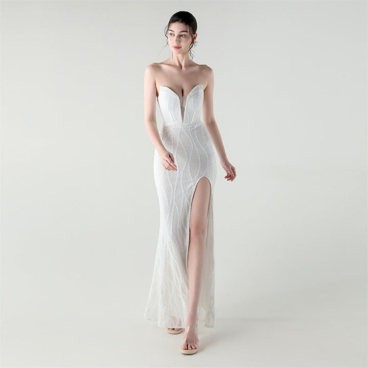 Boning Corset Waist Tight Heavy Industry Beads Heart Shaped Collar Sequined Evening Dress Luxury Cocktail Evening Dress