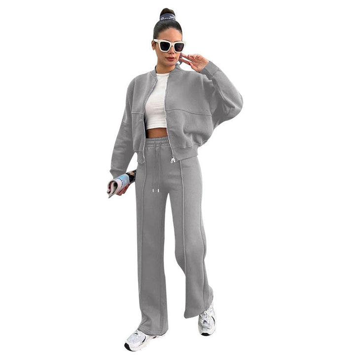 Autumn Winter Solid Color with Fur Zipper Cardigan Women Clothes Casual Straight Pants Two Piece Sets