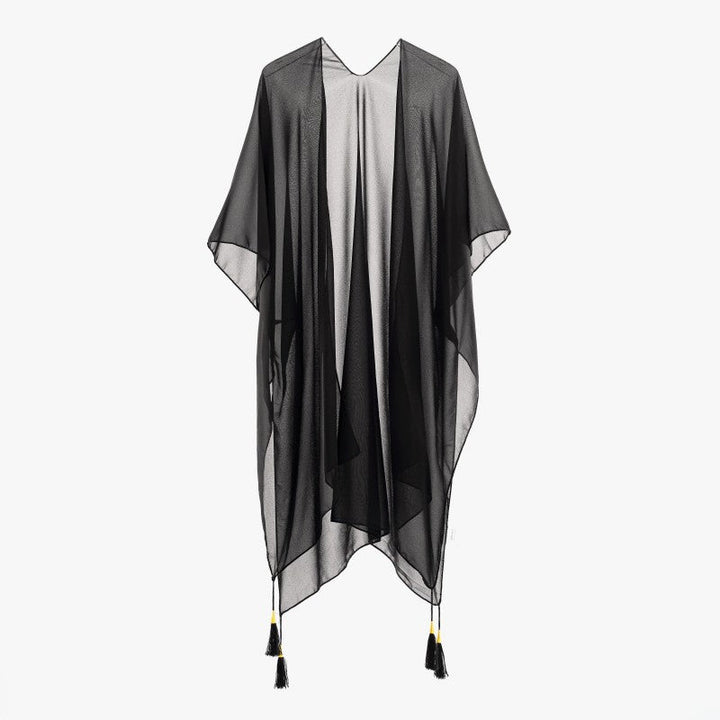 Seaside Blouse See Through Sexy Tassel Thin Cape Solid Color Travel Sun Protection Cardigan
