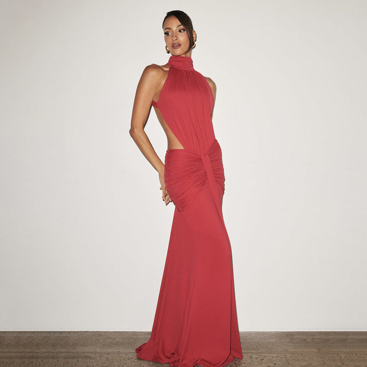 Halter Pleated Slim Fit Maxi Dress High Neck Sexy Backless Cocktail Dress