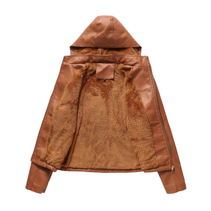 Fall Winter Hooded Leather Coat Women's Detachable Hat Long Sleeve Zipper Fleece-Lined Leather Jacket Slim Coat