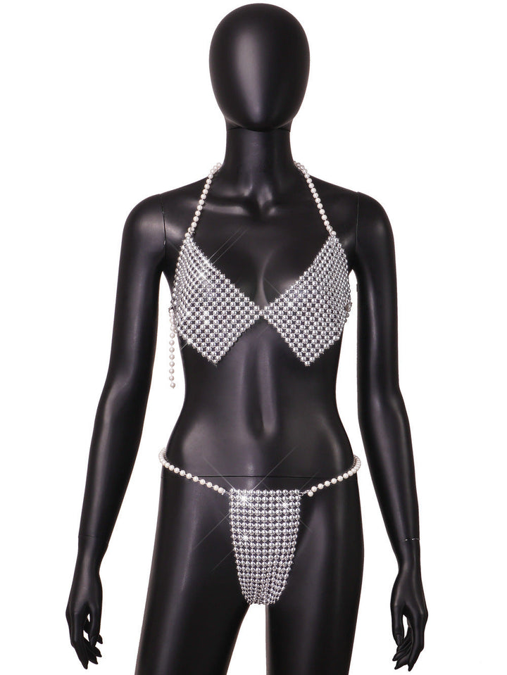 Cross Mirror Women Clothing Summer Sexy Three Point Pearl Halter Set Women