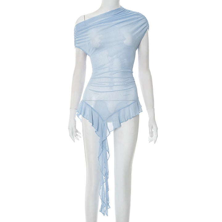Women Clothing See through Mesh Diagonal Shoulder Short Sleeve Ruffled Ribbon Top