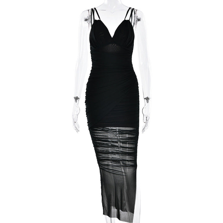 Suspender Deep V Plunge Sexy Dress Sexy Pleated Slim Mesh Dress