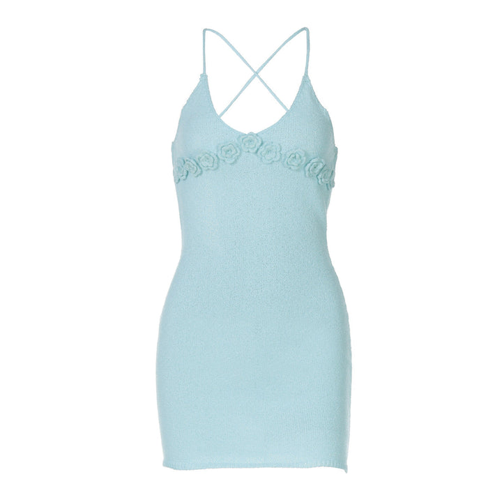 Women Clothing Summer Personalized Floral Decorative V neck Knitted Cami Dress
