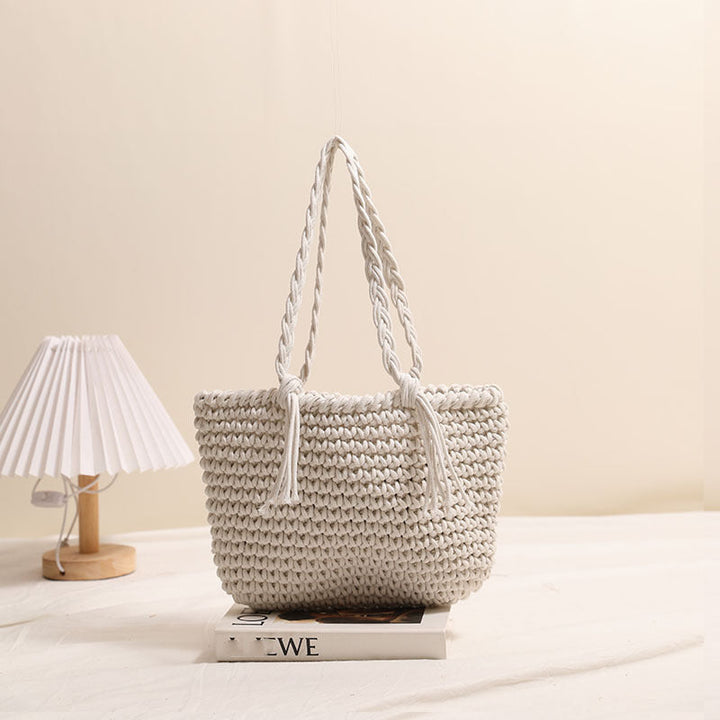 Tassel Shoulder Cotton Thread Woven Bag Solid Color Straw Bag Vacation Beach Bag Casual Women Bag