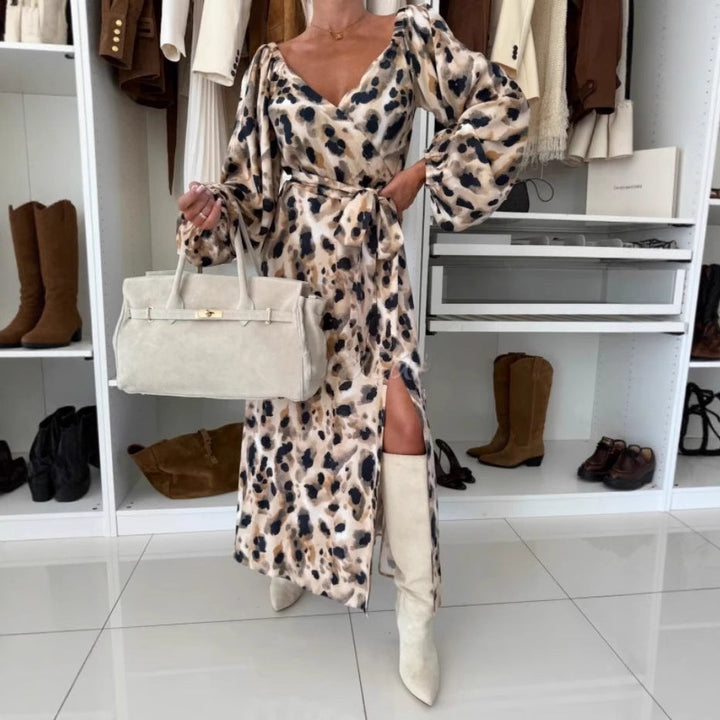 Autumn Winter Printed Waist Controlled Hem Slit Long Sleeve Dress for Women