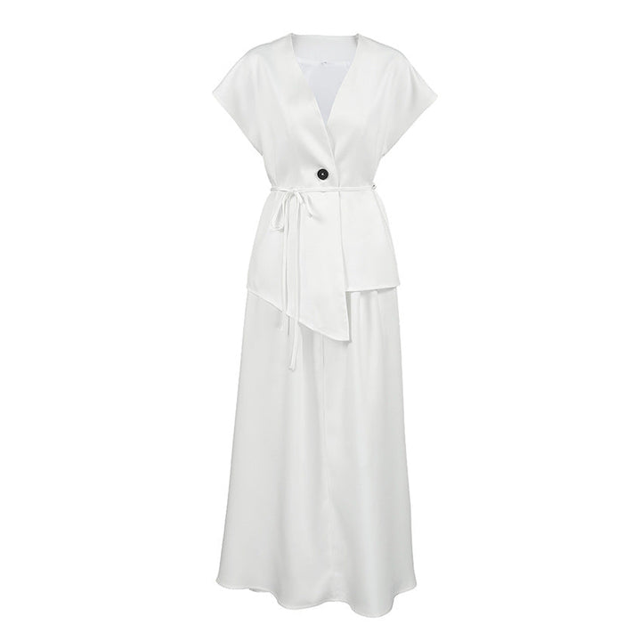White Short Sleeved Lace up Women Design Waistcoat Mid Length White Shirt A line Skirt Two Piece Set