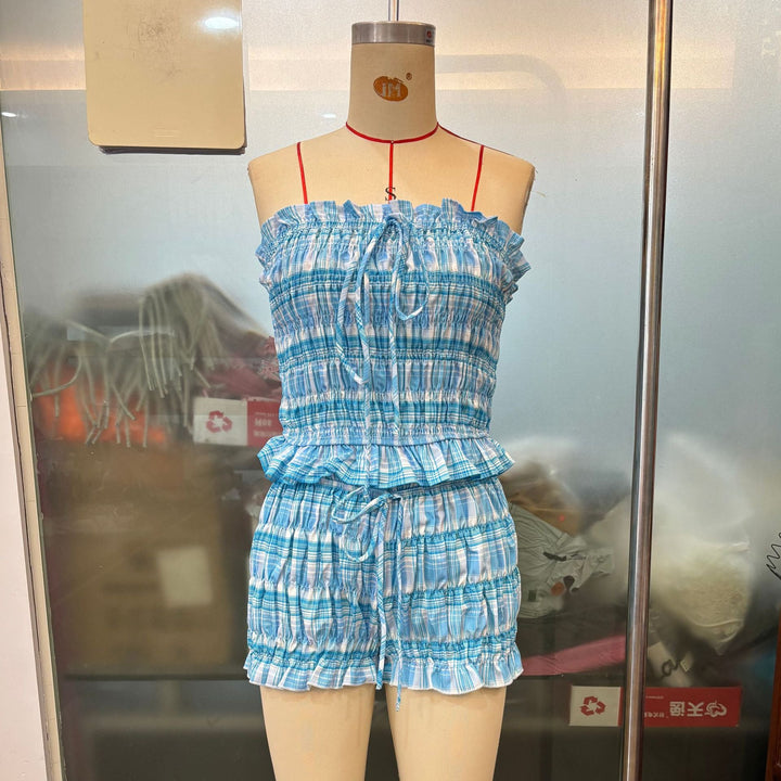 Sexy Blue Plaid Summer Lace up Tube Top Lace Shorts Smocking Set