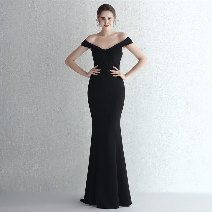 Satin Slim off Shoulder Long Debutante Gala Dinner Slimming Fishtail Wedding Car Model Show Dress