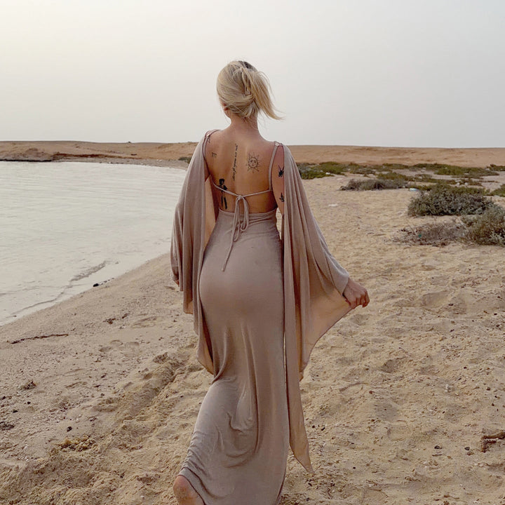 Sexy Adult Lady like Woman Elegant Batwing Sleeve Shawl Strap Backless Cami Dress Two Piece Set for Women
