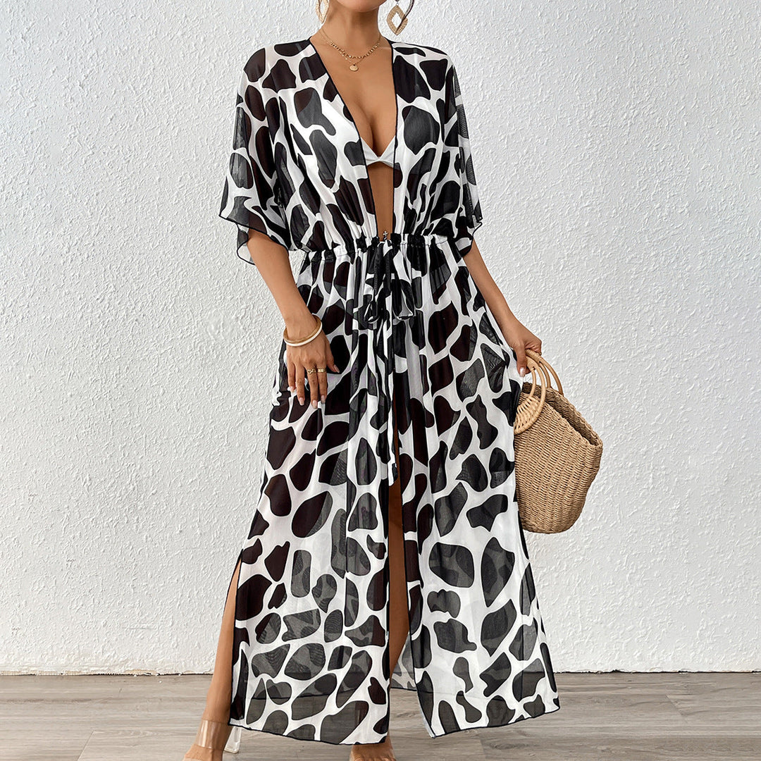 Women Cardigan Women Clothing Batwing Sleeve Lace up Waist Controlled Leopard Print Mesh Beach Beach Cover Up