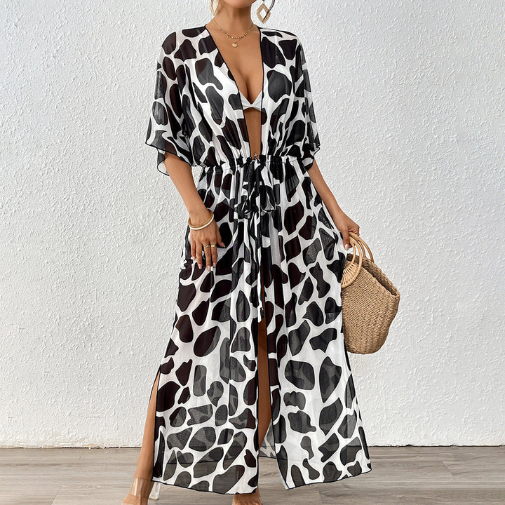 Women Cardigan Women Clothing Batwing Sleeve Lace up Waist Controlled Leopard Print Mesh Beach Beach Cover Up