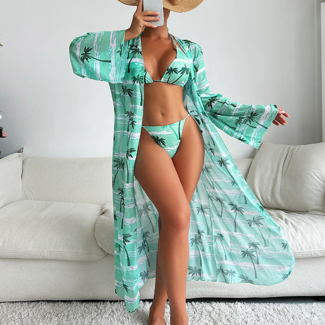 Swimsuit Women Split Three Piece Suit Printing Mesh Red Long Sleeve Sunken Stripe Bikini Swimsuit