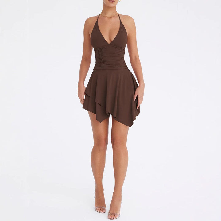 Arrival Women Deep V Plunge neck Halter Backless Lace up Sexy Pleated Irregular Asymmetric Dress