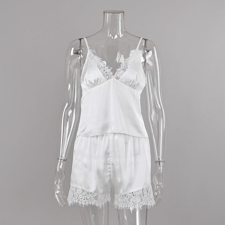 Women Pajamas Satin Stitching Lace Suspender Shorts Two Piece Set Summer Loungewear