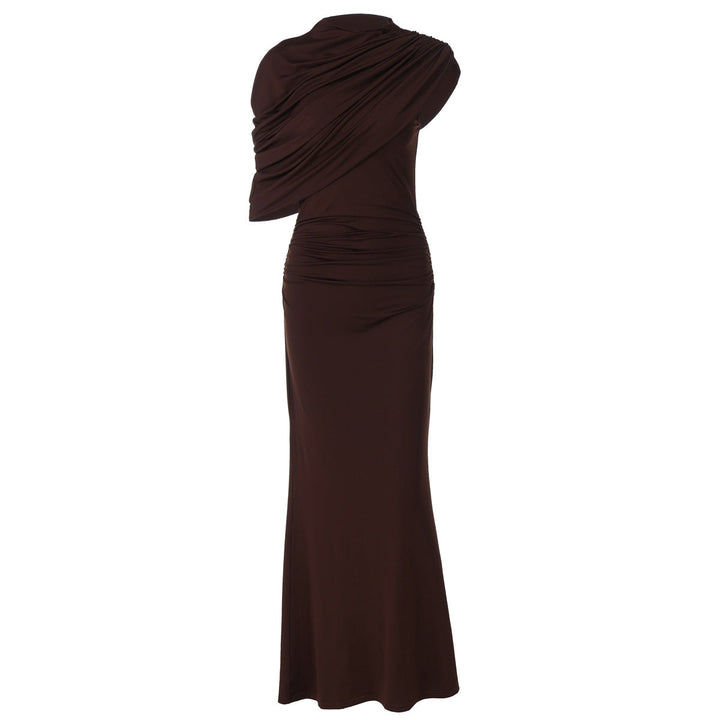 Women Clothing Summer Oblique Shoulder Design Skinny Sheath Pleated Irregular Asymmetric Dress