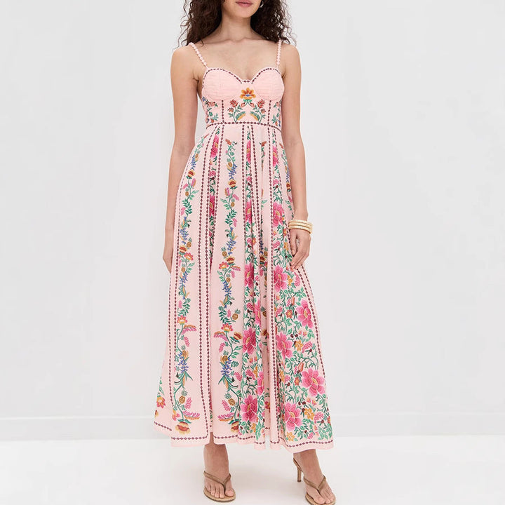 Spring Summer Suspender Positioning Printing Dress Vacation Loose Linen Dress