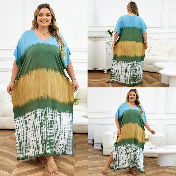 Rayon Positioning Print Holiday Loose Robe Beach Jacket Dress Bikini Cover up Blouse
