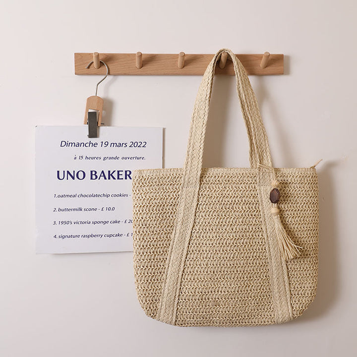 Women Solid Color Woven Bag Large Capacity Shoulder Straw Bag Vacation Beach Bag Women Bag