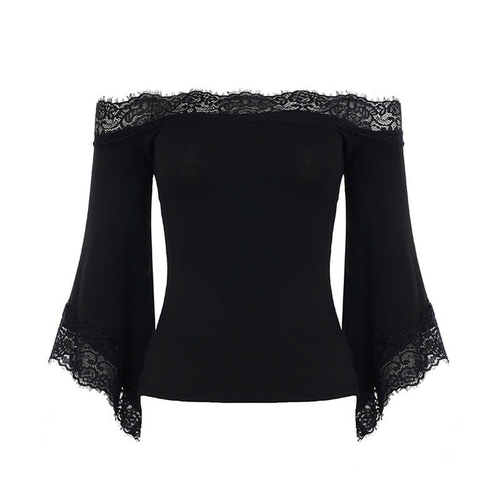 Sexy Lace Patchwork Flared Sleeves off Shoulder Top Women Elegant Solid Color T shirt