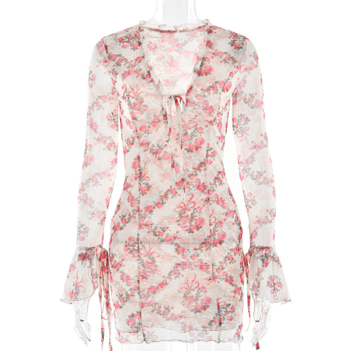 Spring Summer Retro Printed Deep V Plunge Women Sexy Slim Mesh Long Sleeve Lace up Dress