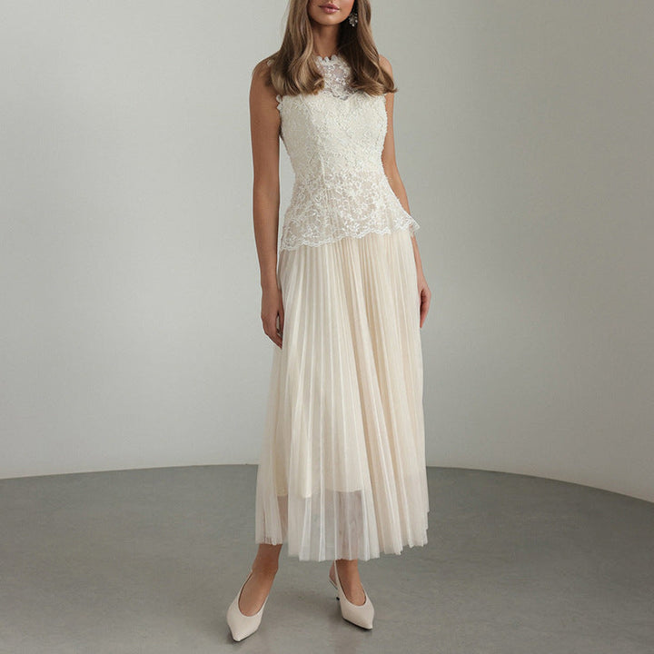 Women Elegant High Grade Dress Summer Lace Embroidered Mesh Stitching Sleeveless Dress