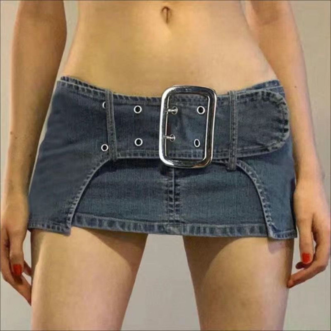 Sexy Personalized Design Faux Two Layer Ultra Short Denim Skirt Distressed Waist Large Breasted Hip Lift Skirt