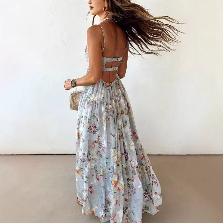 Bohemian Sling Floral Large Swing Dress Summer Chiffon Vacation Loose Flowy Dress