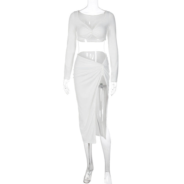 Long Sleeved V neck sets Autumn Women Sexy Tight High Waist Slit Skirt Two Piece sets