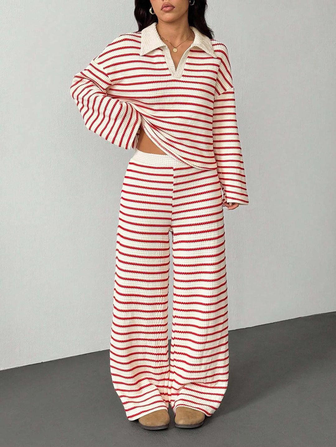 Striped Knitted Contrast Color Lapels V neck Long Sleeved Top Casual Two Piece Sets