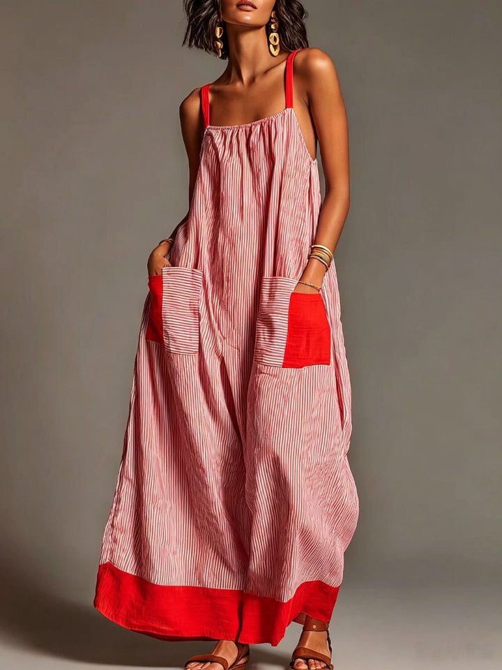 Striped Strap Dress Summer Elegant Travel Holiday Women Long