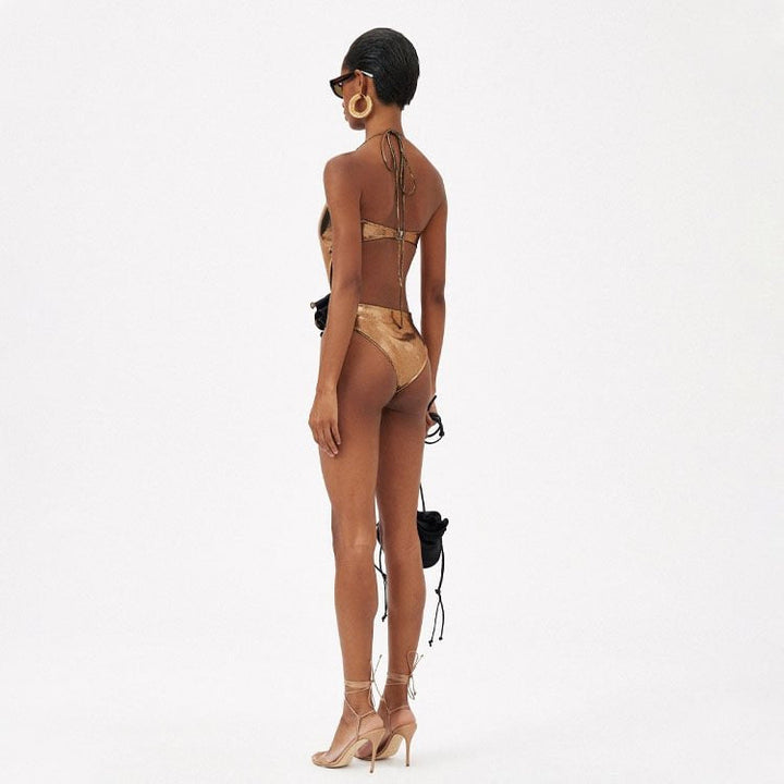 Gold Handmade Floral Halter Hollow Out Cutout out Swimsuit Women