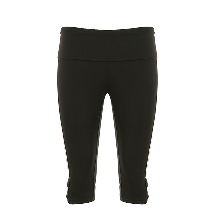 Casual Sports Horizontal Bar Split Contrast Color Fitness Yoga Pants Waist Folding Stylish Simple Middle Pants