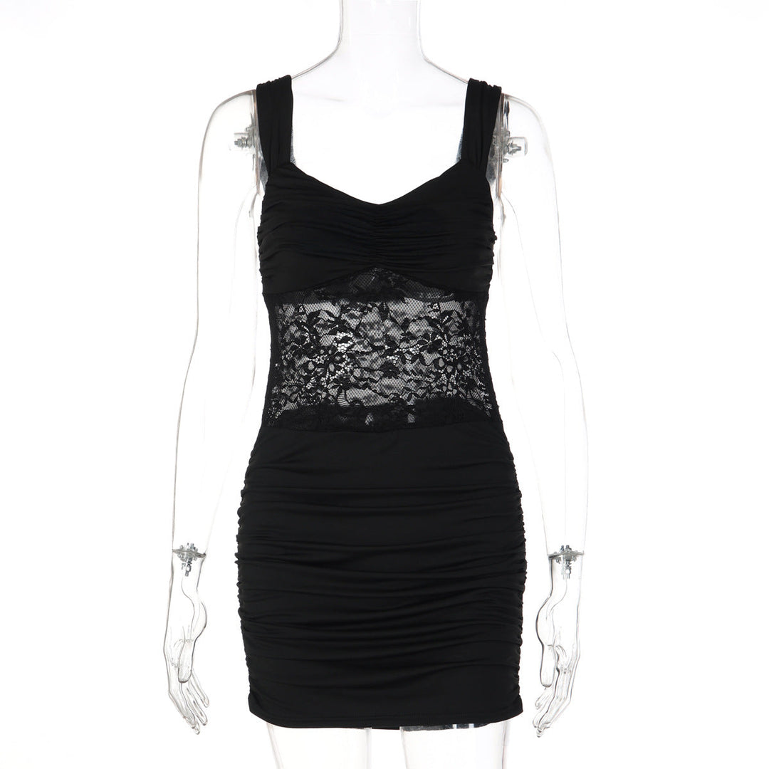 Women Clothing Short Summer Solid Color Sleeveless Sexy Lace Stitching Ruffle Hip Dress