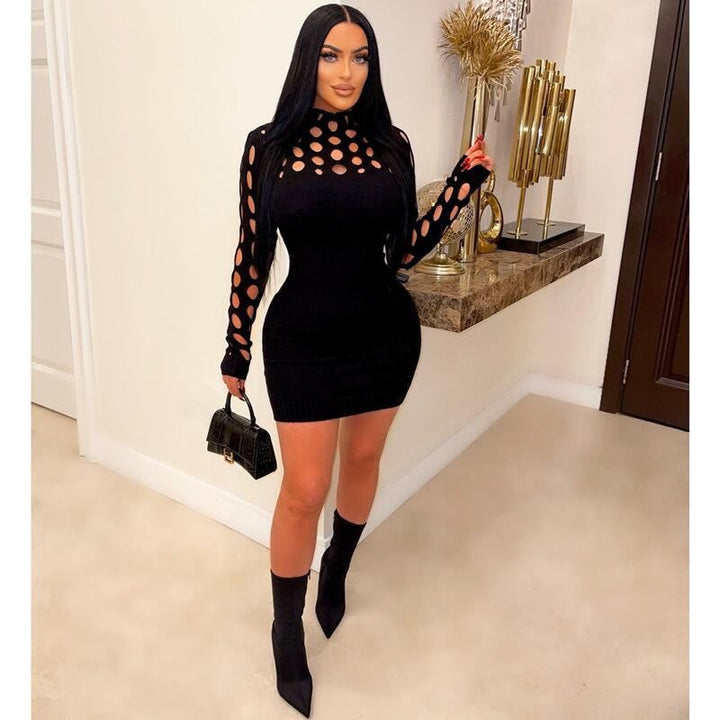 Women Clothing Sexy Knitted Dress Hollow Out Cutout Long Sleeve Tight Woolen Dress