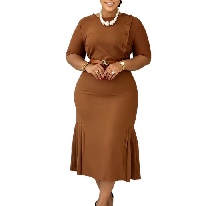 Summer Women Clothing Solid Color round Neck Short Sleeves Office Slim Fit Dress