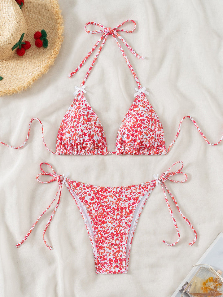 Bikini Floral Bow Lace up Sexy Bikini Swimsuit Swimwear Women