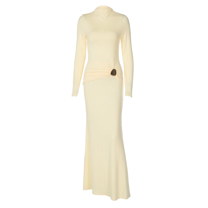 Women Clothing Autumn Suede Solid Color Long Sleeve Pleated Fishtail Dress Slim Dress