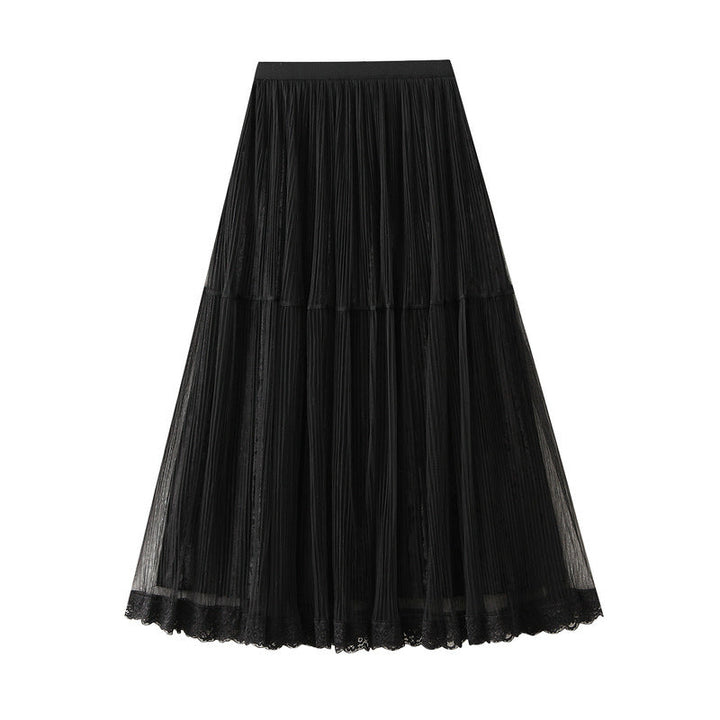 Elegant Draping Mesh Velvet Pleated Skirt for Women High Waist Slimming Long Skirt